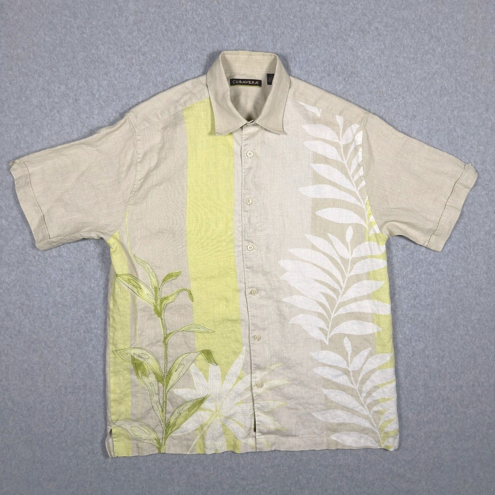 Cubavera Mens Large Linen Button Down Shirt Beige Lime Green Tropical Floral L